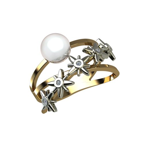 Anel Ouro Amarelo e Branco Diamante Pérola