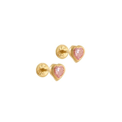 Brinco Coração Ouro Amarelo Zircônia Rosa