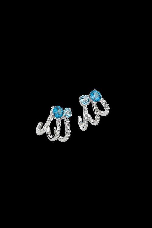 Brinco Ouro Branco Diamante e Topazio Azul