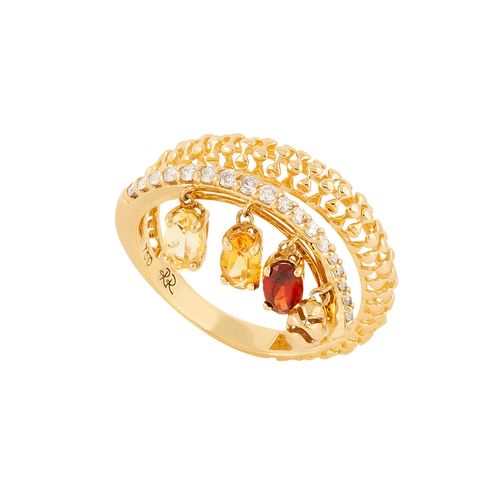 Anel Ouro Amarelo Granada Citrino Diamante