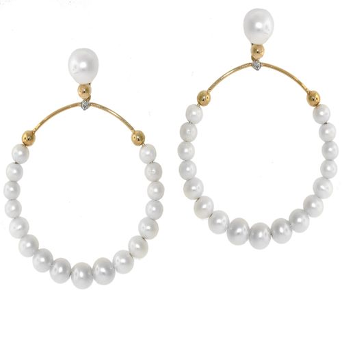 Brinco Ouro Amarelo Diamantes e Pérolas