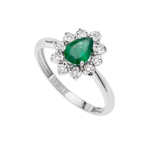 Anel Gota Ouro Branco Diamante e Esmeralda
