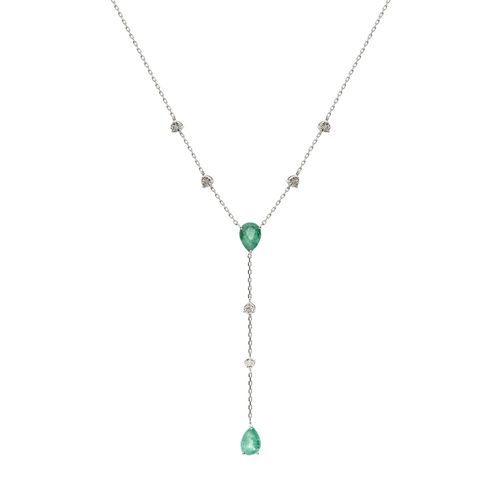 Colar Gravata Gota Ouro Branco Esmeralda