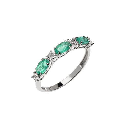 Anel Ouro Branco Diamante e Esmeralda