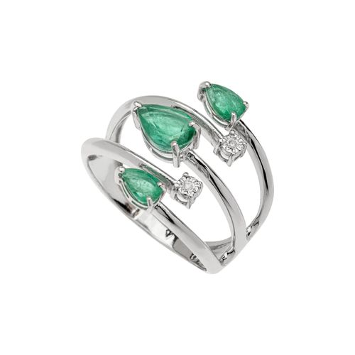 Anel Gota Ouro Branco Diamante e Esmeralda