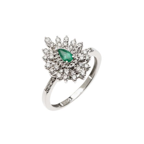 Anel Gota Ouro Branco Diamante e Esmeralda