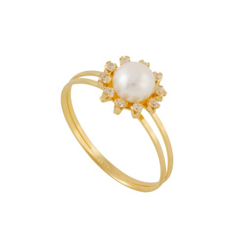 Anel Ouro Amarelo Pérola e Zircônia