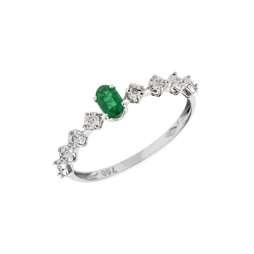 Anel Ouro Branco Esmeralda Diamante