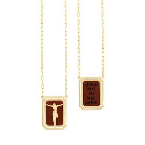 Escapulário com Cristo Ouro Amarelo e Couro
